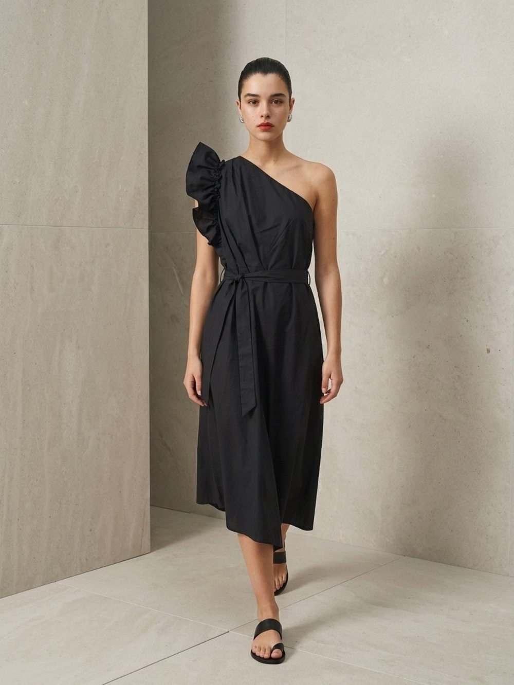 One-Shoulder Black Ruffle Midi Dress with Tie Belt Waist